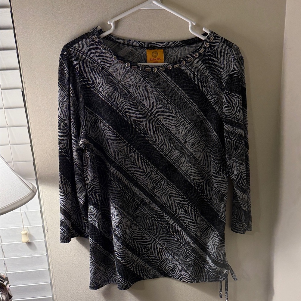 Ruby Rd. Black and White Striped 3/4” Sleeve Top